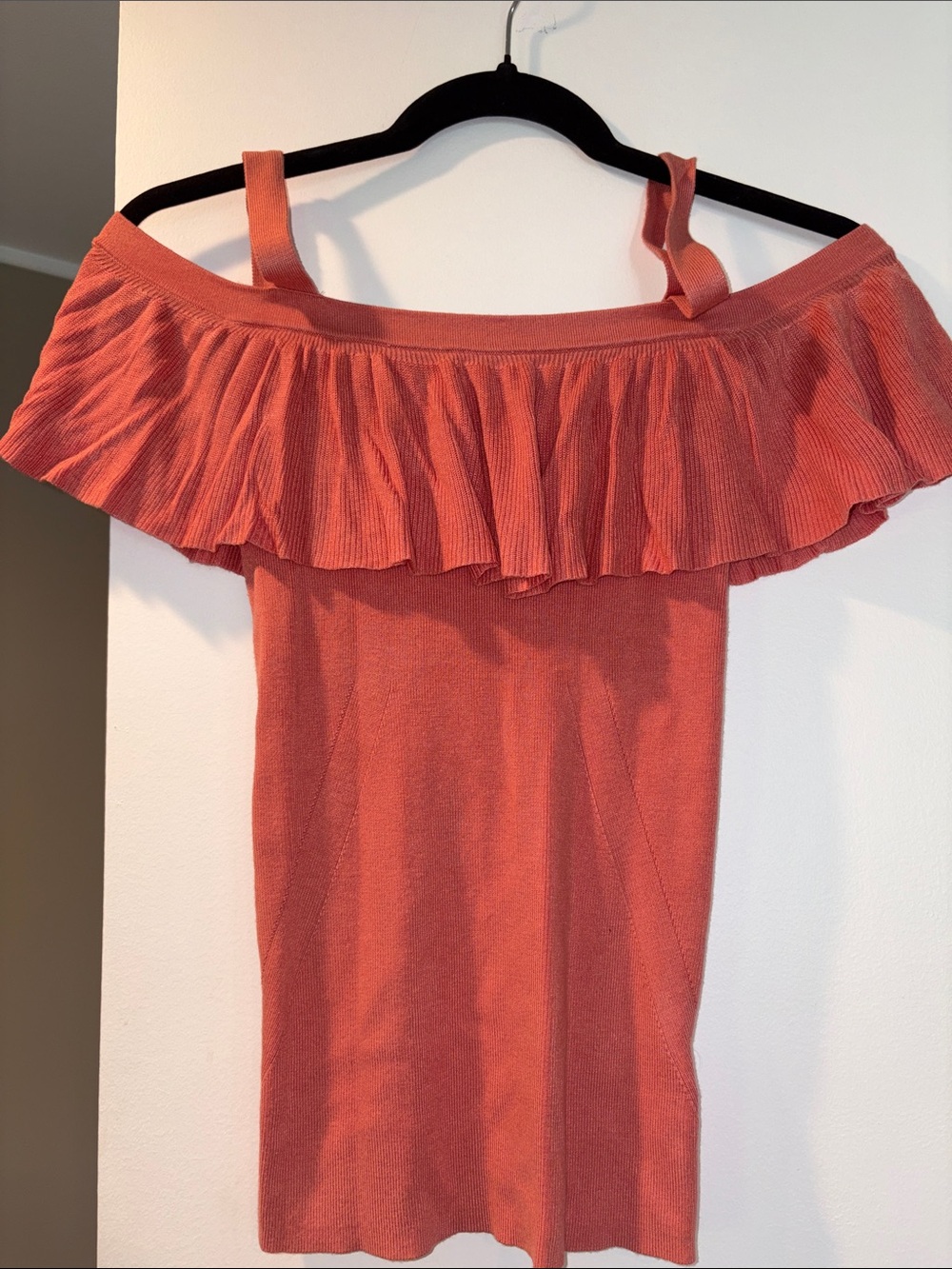 Express - Coral Off-Shoulder Ruffle Knit Sweater Top (Small)